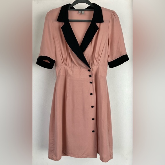 ASOS Retro Pink & Black Contrast Collar Button Half Sleeve Wrap Mini Dress UK 6 - Picture 16 of 16